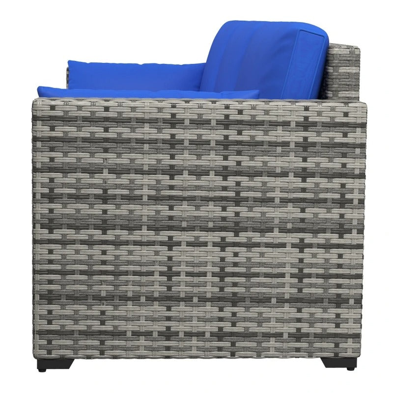 3 Seater PE Rattan Wicker Sofa for Outdoor Patio w/ Cushions & Arm Pillows, Mixed Grey & Blue