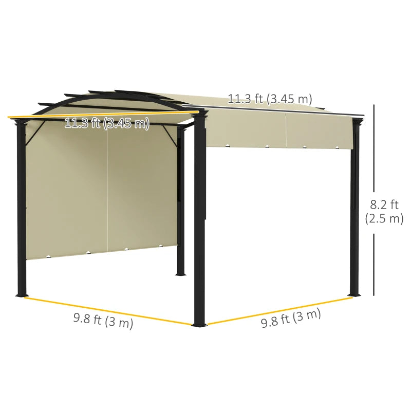 11' x 11' Steel Pergola Gazebo Shelter w Arched Fabric Roof for Outdoor Patio, Black, Lt Beige