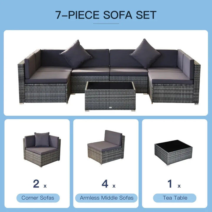 7pc PE Rattan Wicker Sectional Conversation Furniture Set w/ Cushions for Outdoor Patio - Grey