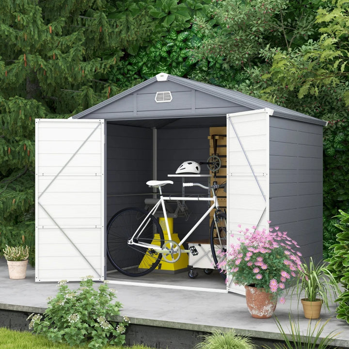 8' x 6' Resin PP Plastic Aluminum Outdoor Tool Storage Shed w Swing Doors, Patio Garden, Grey