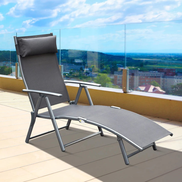Folding Deck / Patio Sun Lounger w/ Neck Pillow - Grey