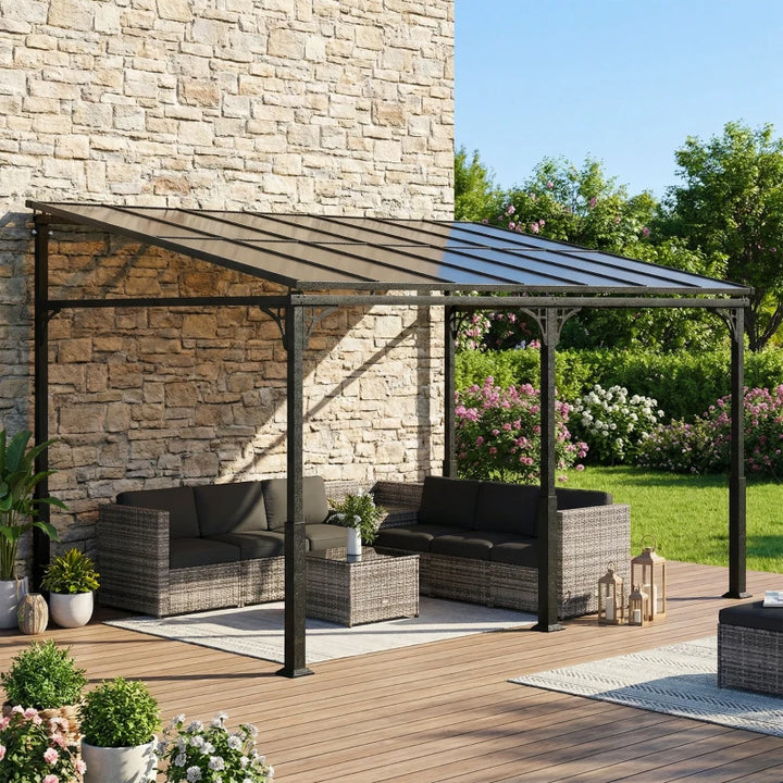 13' x 10' Lean To Gazebo Hardtop Wall Mounted Outdoor Pergola - Durable Weatherproof Patio Shelter