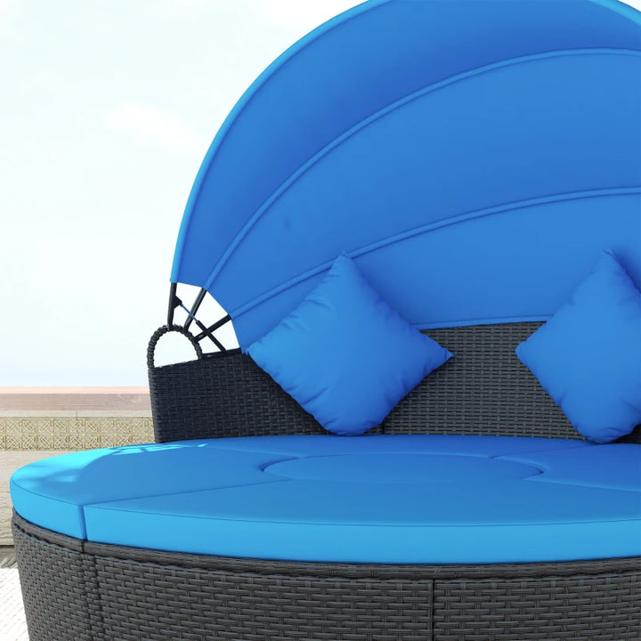 4pc PE Rattan Wicker Round Canopy Daybed Lounge Patio Sectional Sofa w Cushions, Blue, Black