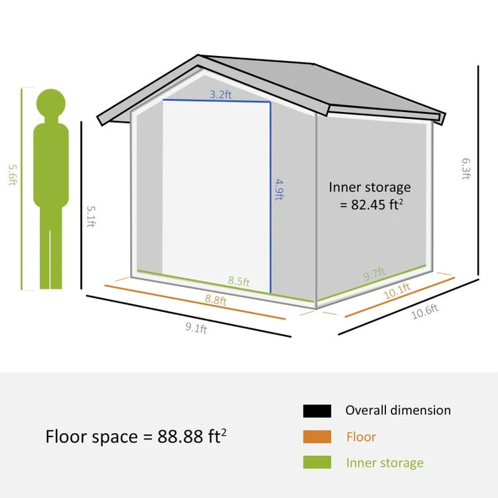 10.6 x 9.1 x 6.3’ Large Galv Steel Outdoor Storage Tool Work Shed for Garden Backyard, Dk Grey