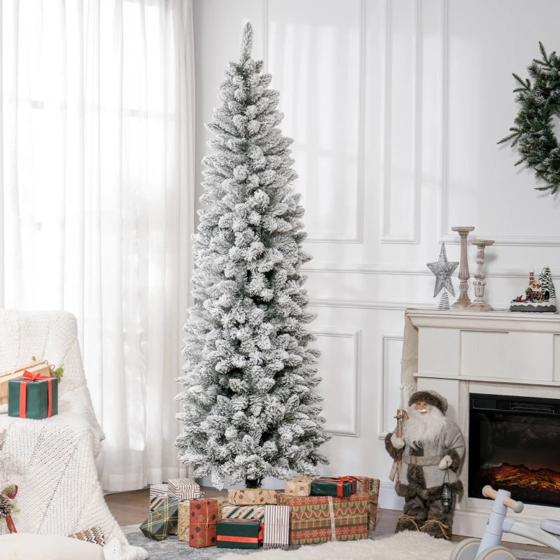 7ft 687-Tip Unlit Snow Flocked Slim Artificial Pencil Christmas Holiday Fake Xmas Tree, Green