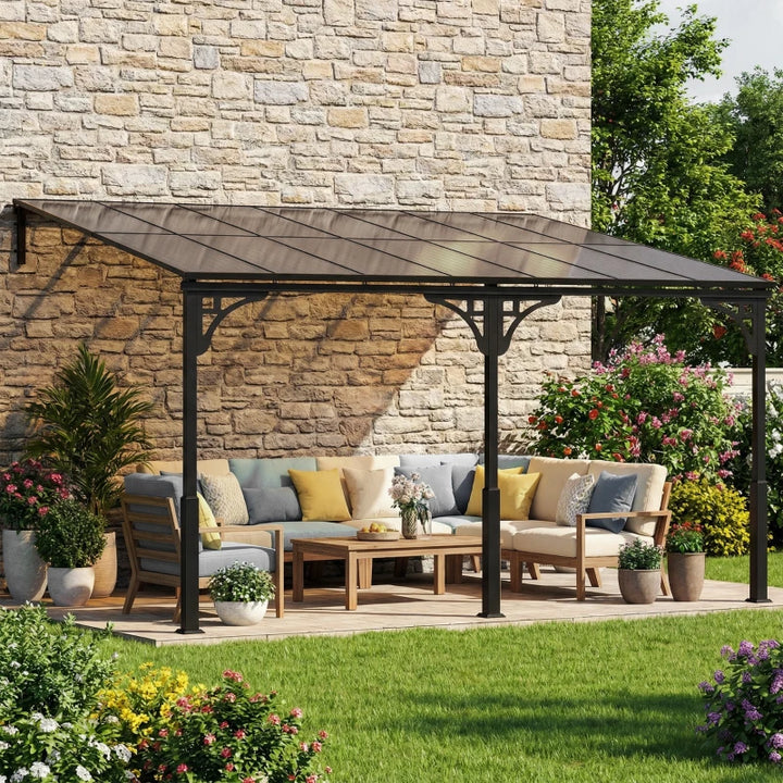 13' x 10' Lean-to Hardtop Wall-Mounted Outdoor Pergola - Durable Polycarbonate Roof & Metal Frame