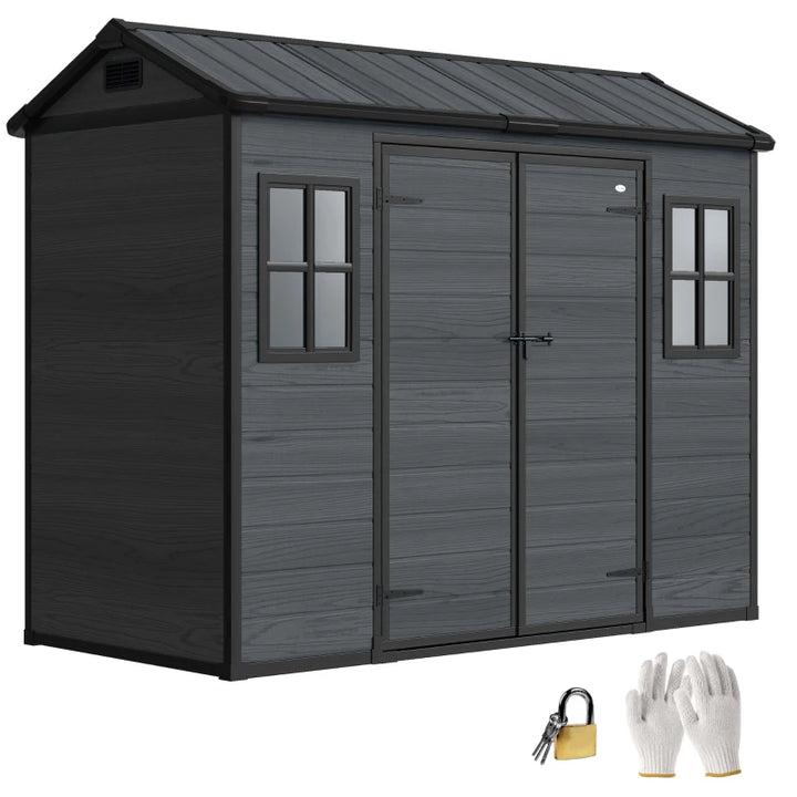 Resin Garden Shed Wood-Effect Outdoor Storage with Floor and Lockable Doors - Spacious Weather-Resistant Storage
