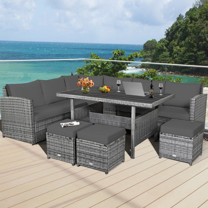 7pc L-Shape Rattan Wicker Dining Set Outdoor Patio Sectional w Table Cushions Ottomans, Mixed Grey