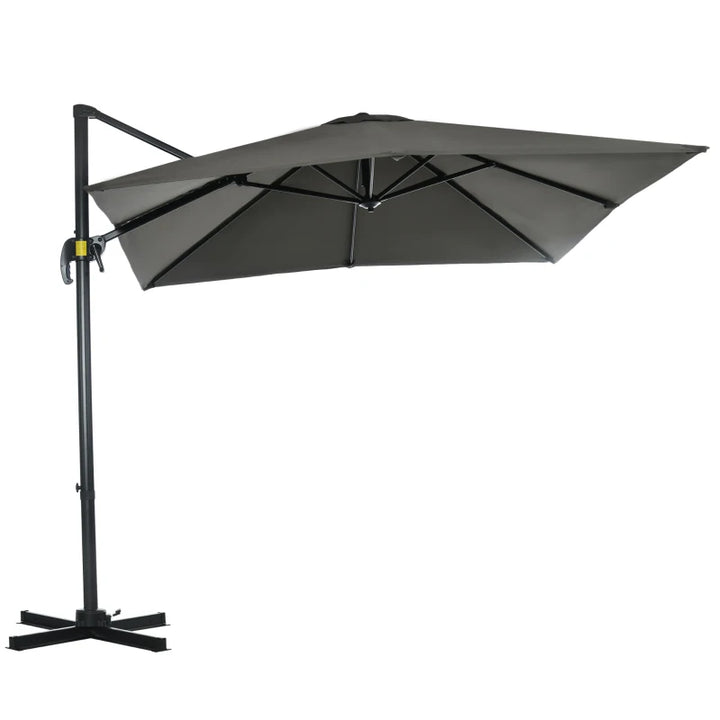 8ft Square Rotating Tilting Offset Cantilever Umbrella Canopy w Cross Base Outdoor Patio, Grey