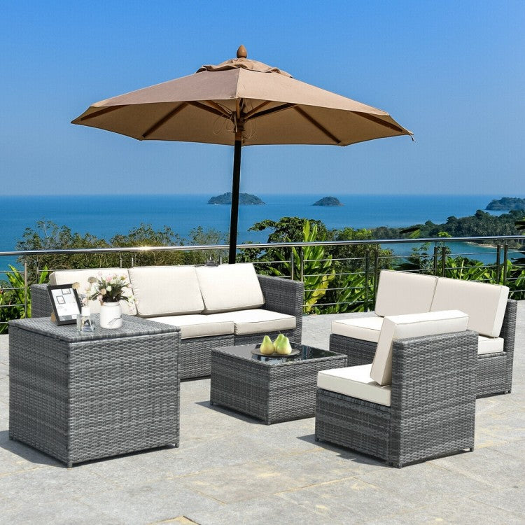 8pc L-Shape Rattan Wicker Sectional w Storage, Cover, Outdoor Patio Furniture, Grey, White