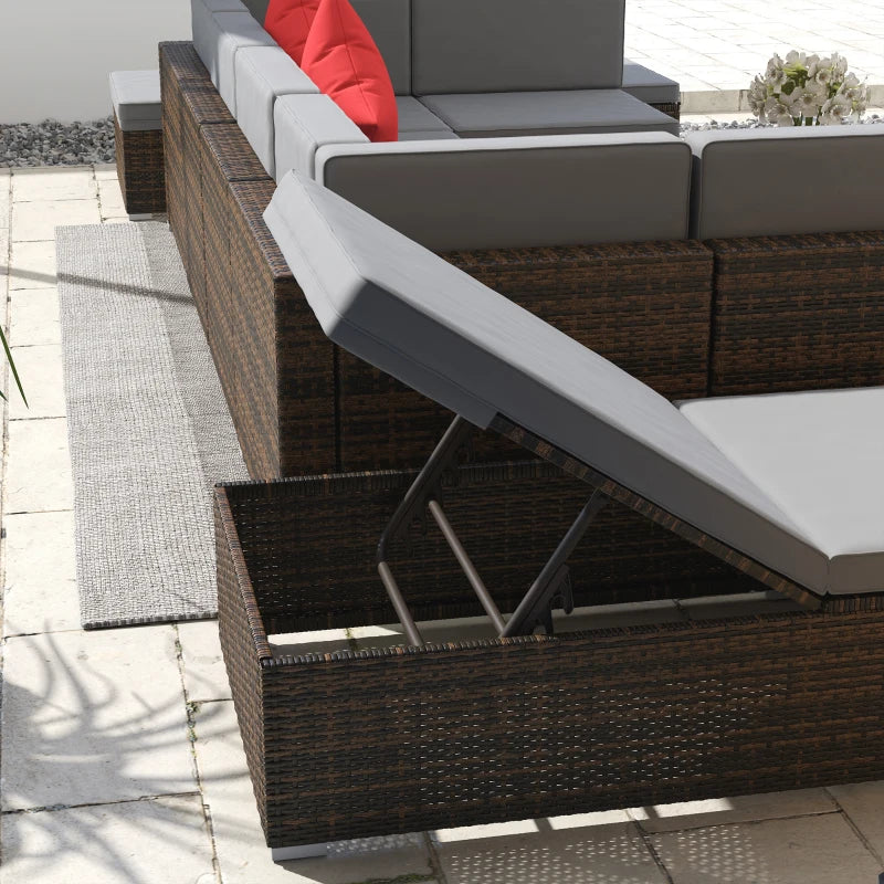 9pc Premium PE Rattan Wicker Sectional Conversation Outdoor Patio Set w 2 Loungers, Grey, Brown