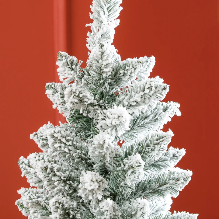 6ft 479-Tip Unlit Snow Flocked Slim Artificial Pencil Christmas Holiday Fake Xmas Tree, Green