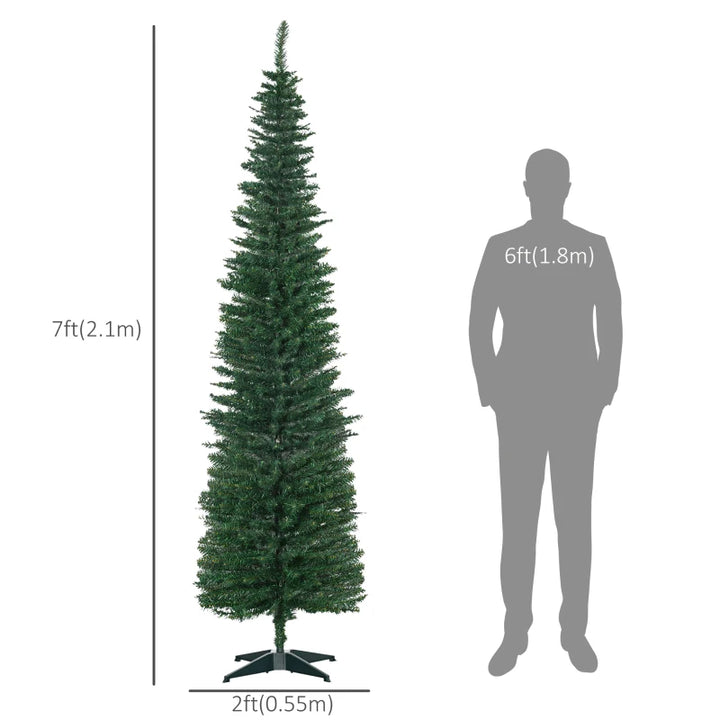 NEW 7ft 499-Tip Unlit Slim Pencil Artificial Christmas Holiday Xmas Tree Decor w Base, Green