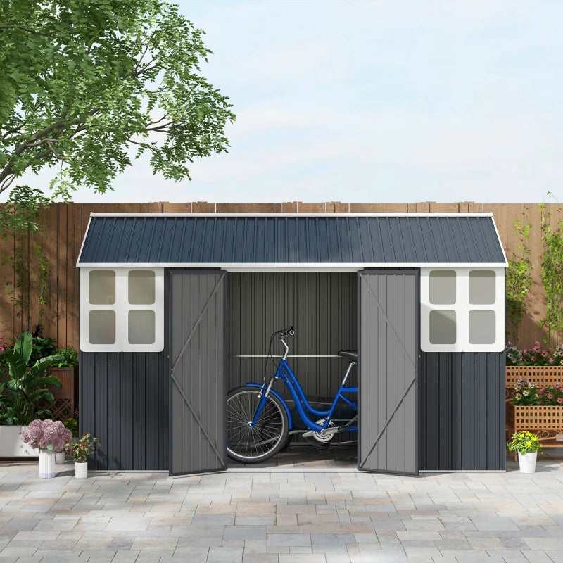 12' x 5.5' Galv Steel Metal Outdoor Bike Tool Storage Shed Organizer, Pool Yard Garden, Dk Grey