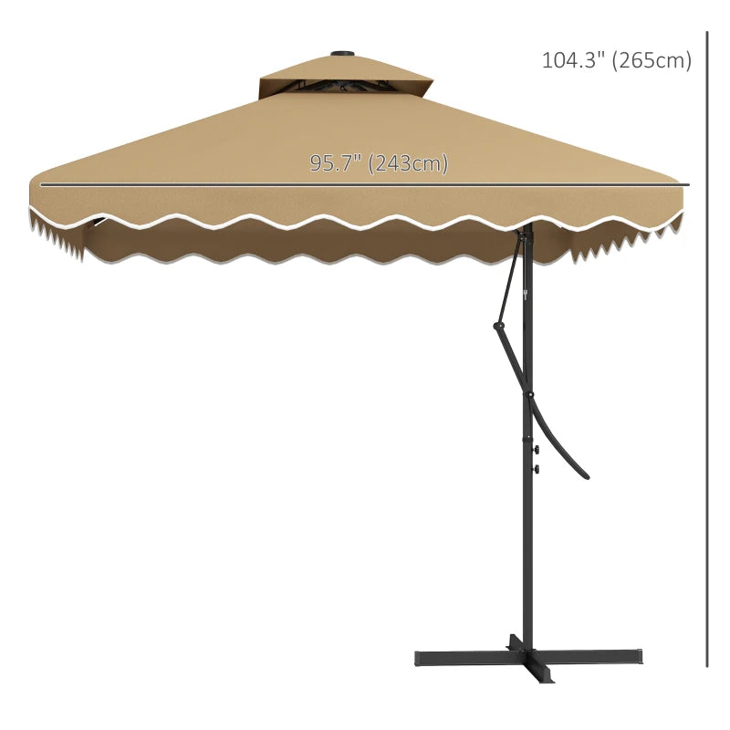 8ft Square Offset LED Umbrella Canopy w Solar Light, Weights, Base, Outdoor Patio, Khaki Brown