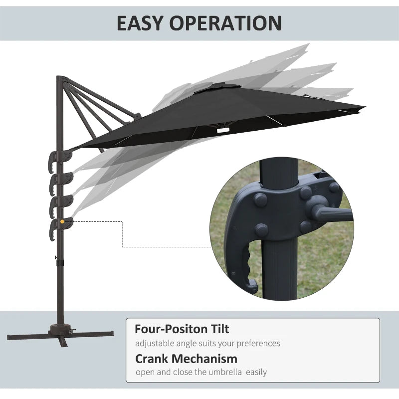 10ft Offset LED Tilt Umbrella Cantilever Canopy Outdoor Patio, Solar Light, Cross Base, Dk Grey