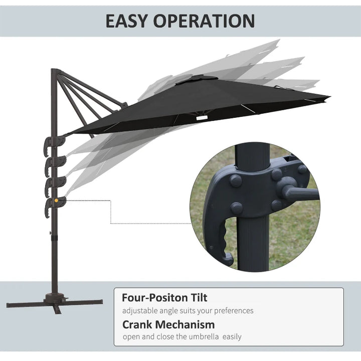 10ft Offset LED Tilt Umbrella Cantilever Canopy Outdoor Patio, Solar Light, Cross Base, Dk Grey