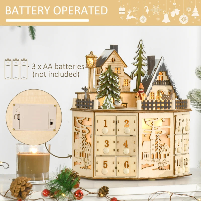 Light-Up Wooden Christmas Advent Countdown Decoration w 24 Drawers Holiday Xmas, Winter Village