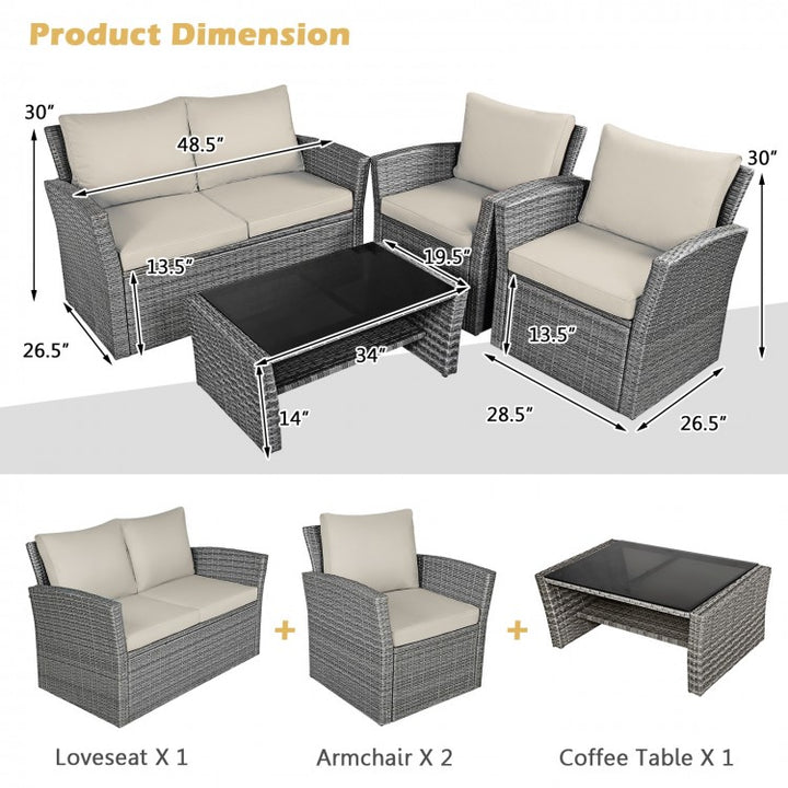 4pc PE Rattan Wicker Furniture Set w Loveseat Armchairs Cushions, Outdoor Patio, Grey, Cream Beige