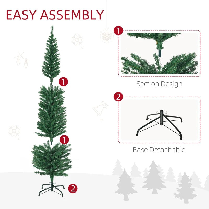 6ft Pre-lit Ultra Slim Pencil Faux Christmas Holiday Tree w 150 Multicolour LED Lights, Green