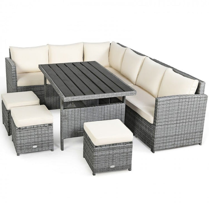 7pc L-Shape Rattan Wicker Dining Set Outdoor Patio Sectional w Table Cushions Ottomans, Off-White