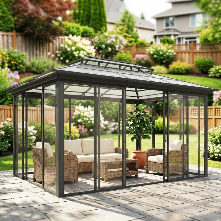 Hardtop Gazebo 10' x 14' Sun Room With Double Sliding Doors - Weatherproof Outdoor Patio Shelter