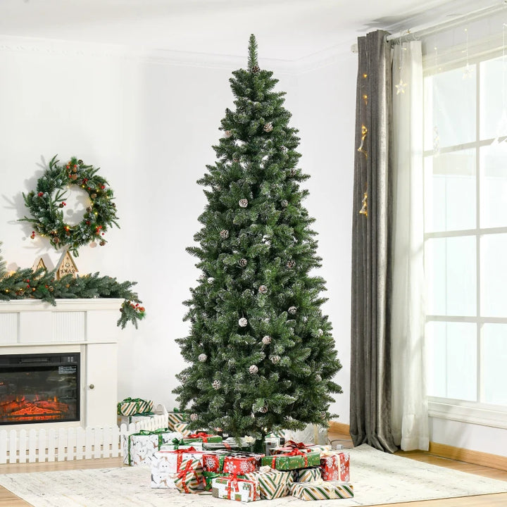 7.5ft 1119-Tip Unlit Slim Artificial Christmas Holiday Tree w Pine Cones, Snowy Tips Xmas Green