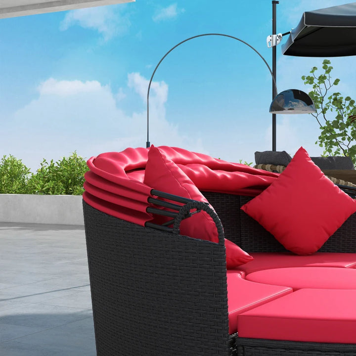 4pc PE Rattan Wicker Round Canopy Daybed Lounge Patio Sectional Sofa Set w Cushions, Black, Red