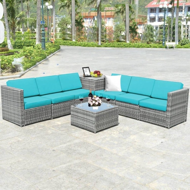 8pc L-Shape Rattan Wicker Sectional w Storage, Cover, Outdoor Patio Furniture, Grey, Turquoise