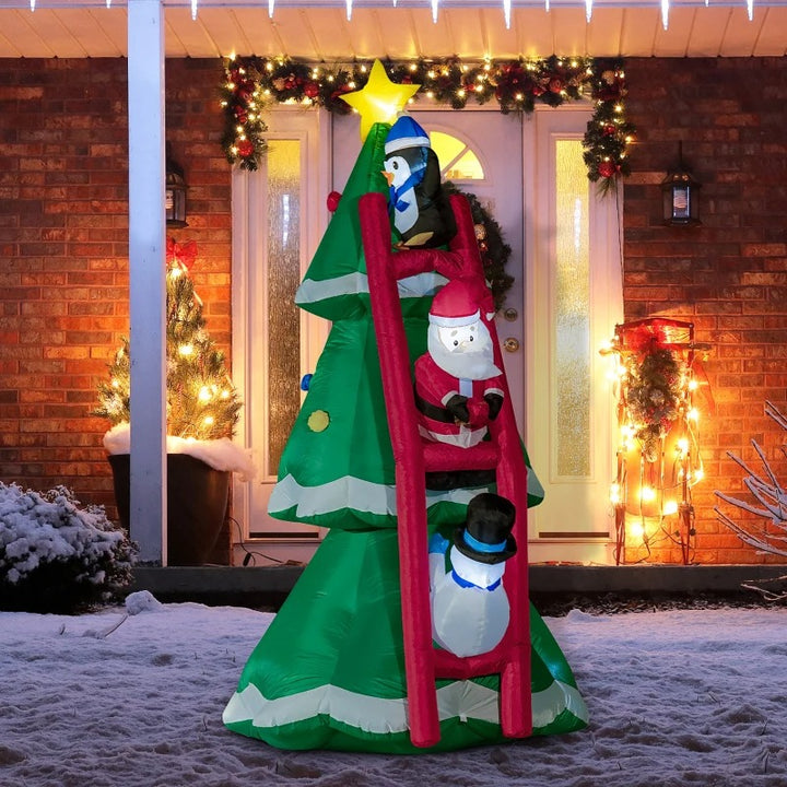 8ft Inflatable Holiday Christmas Outdoor Decoration, Lights, Tree w Star, Santa Climbing Ladder