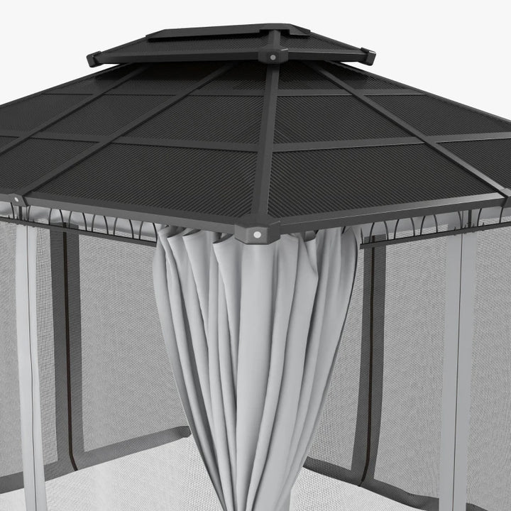 12' x 10' 2-Tier Tinted PC Hardtop Aluminum Gazebo Canopy Shelter, Curtain, Mesh - Black, Grey