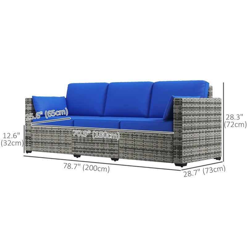 3 Seater PE Rattan Wicker Sofa for Outdoor Patio w/ Cushions & Arm Pillows, Mixed Grey & Blue