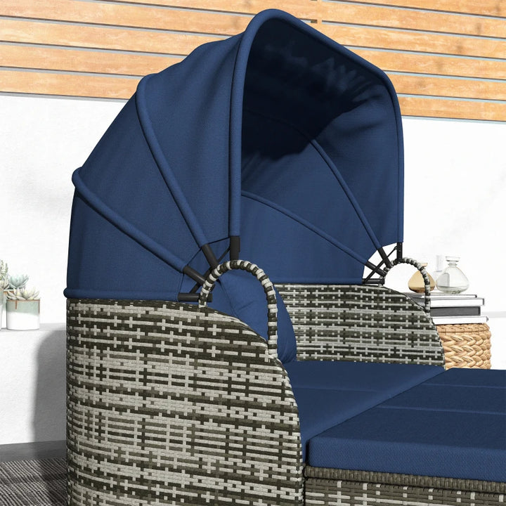 6pc PE Rattan Wicker Outdoor Canopy Daybed Chaise Patio Sectional Conversation Set, Grey, Blue