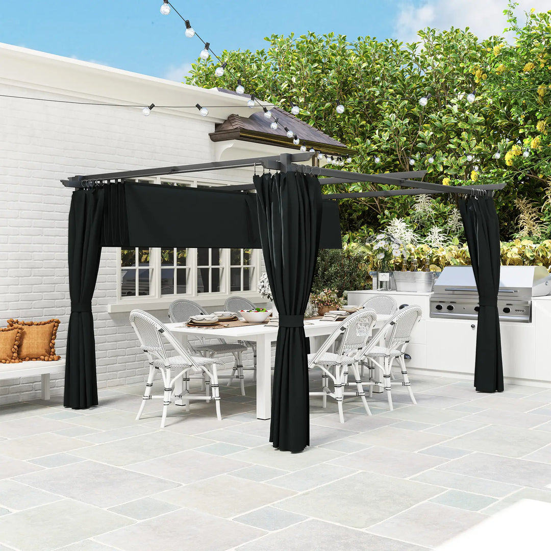 13' x 10' Aluminum Metal Pergola Gazebo Patio Shelter w Retractable Canopy Roof, Curtains, Dk Grey