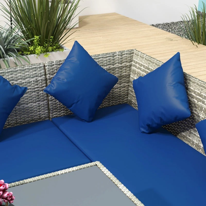 5pc L Shape PE Rattan Wicker Galv Steel Dining Table Set w Cushions Patio Deck, Grey, Navy Blue