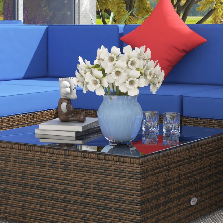 9pc Premium PE Rattan Wicker Sectional Conversation Outdoor Patio Set w 2 Loungers, Brown, Blue