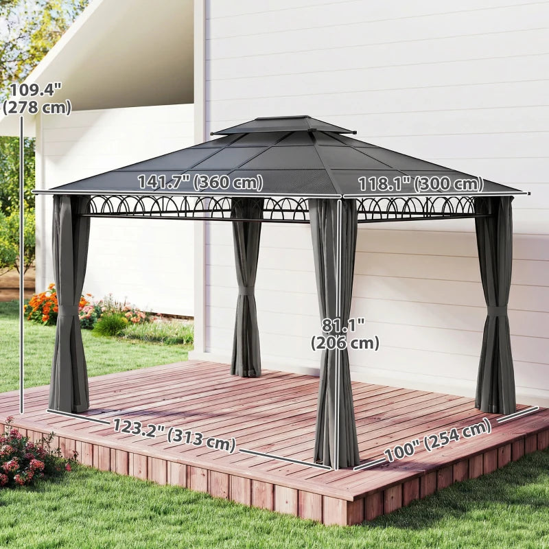 10'x12' Outdoor Gazebo Canopy Double Roof Hardtop with Polycarbonate Roof and Curtains - Durable Patio and Garden Shelter