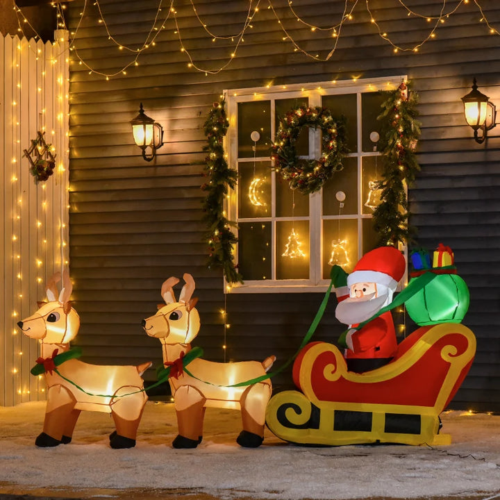 NEW 8ft Long Holiday Christmas Outdoor Inflatable Lawn Decor w Lights - Santa, Two Reindeer, Sleigh