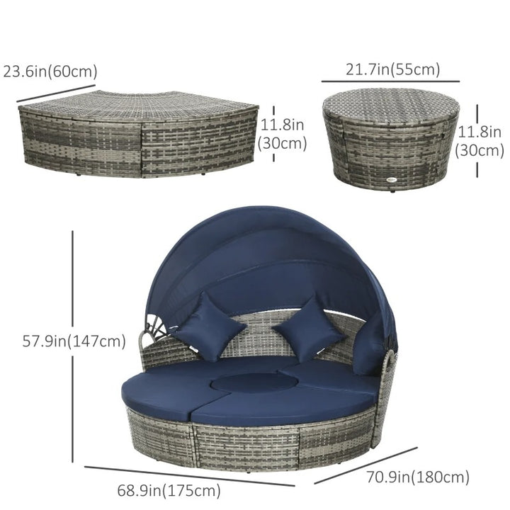 4pc PE Rattan Wicker Round Canopy Daybed Lounge Patio Sectional Sofa Set w Cushions, Grey, Blue