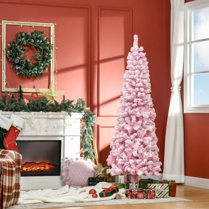 6ft 520-Tip Slim Snow Flocked Unlit Artificial Pencil Christmas Holiday Tree, Base Xmas, Pink