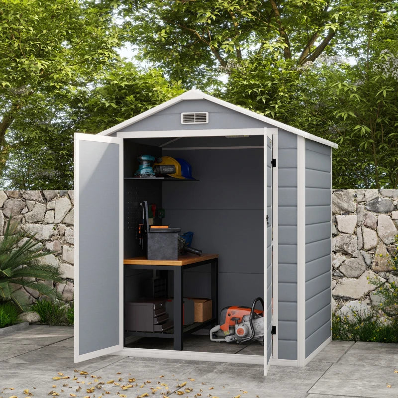 6' x 4.5' Resin PP Plastic Aluminum Outdoor Tool Storage Shed w 2 Doors for Patio Garden, Grey