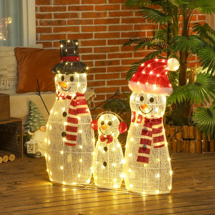 3ft Cute Outdoor Holiday Christmas Light-Up Lawn Decoration Steel, 148 Lights, 3 Snowman Family