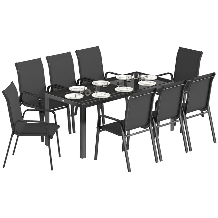 9 Pieces Patio Set With Stackable Chairs and Glass Top - Durable Outdoor Dining Furniture