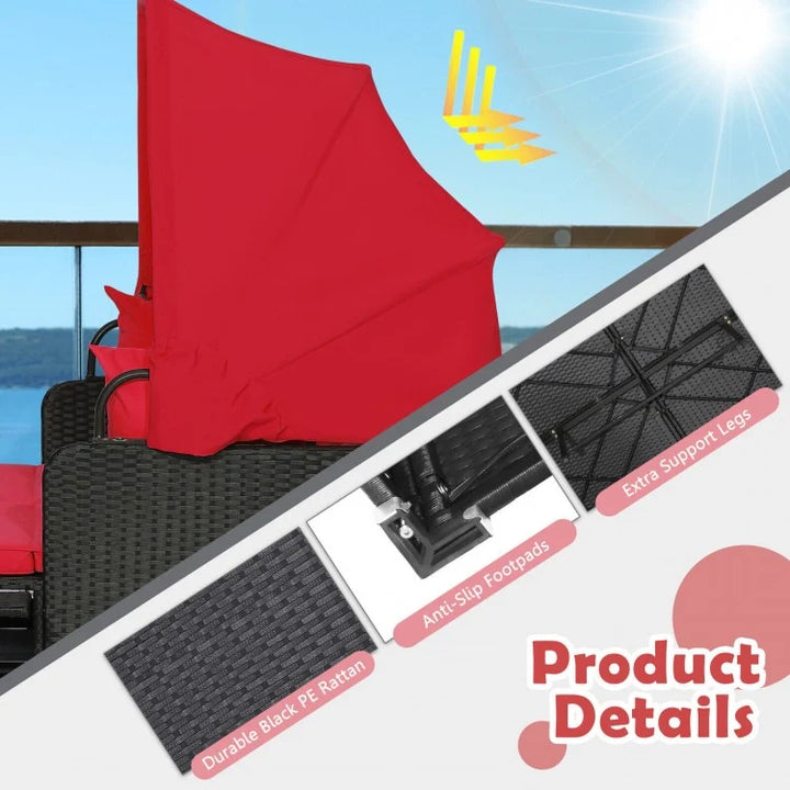 2-Person Rattan Wicker Canopy Daybed Lounge Chaise for Outdoor Patio, Cushions, Black, Red