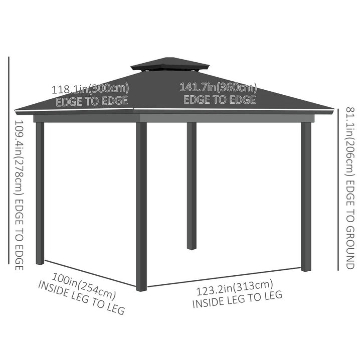 12' x 10' Tiered PC Hardtop Aluminum Frame Gazebo Canopy Shelter w Curtains, Mesh, Black, Beige