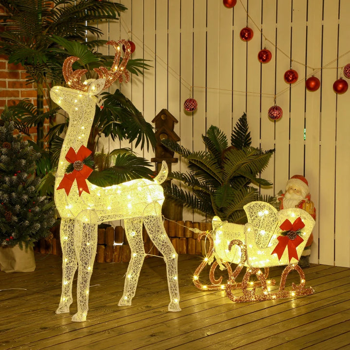 NEW Outdoor LED Lawn Decoration w 170 Lights for Christmas Holiday Winter, White, Reindeer & Sleigh