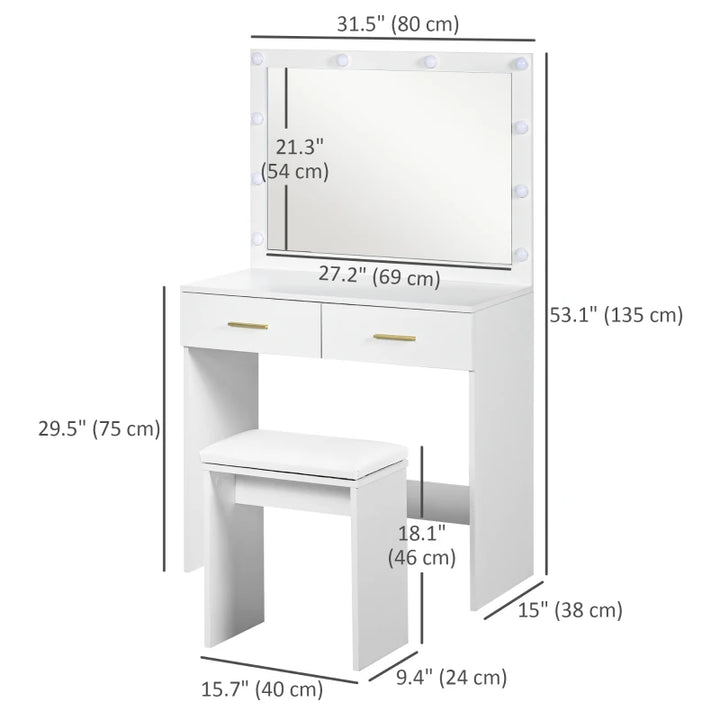 Makeup Vanity Desk Set with LED Lighting Mirror - Modern Dressing Table with Storage