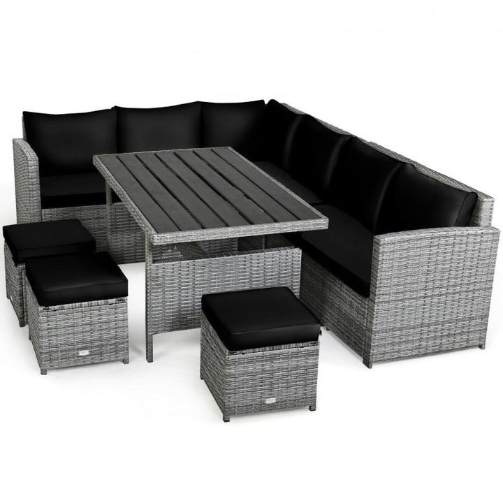 7pc L-Shape Rattan Wicker Dining Set Outdoor Patio Sectional w Table Cushions Ottomans, Black