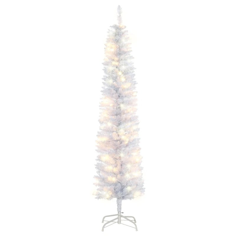 6ft 395-Tip Pre-lit Ultra Slim Pencil Artificial Christmas Holiday Tree w 100 LED Lights, White