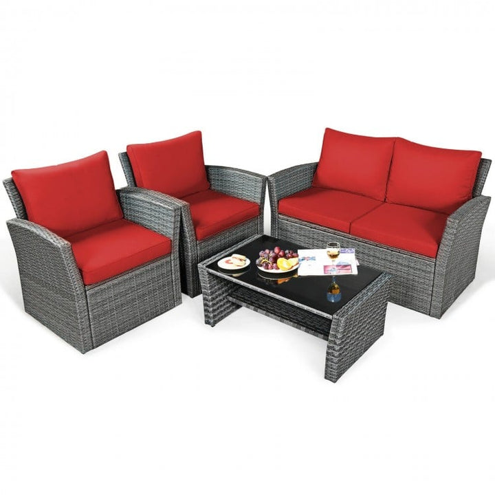 4pc PE Rattan Wicker Furniture Set w Loveseat, Armchairs, Cushions for Outdoor Patio, Grey, Red